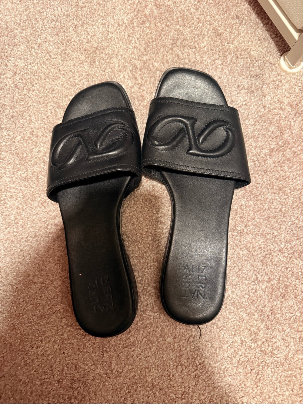 Naturalizer Black Slide Sandals with Embossed Wave Strap